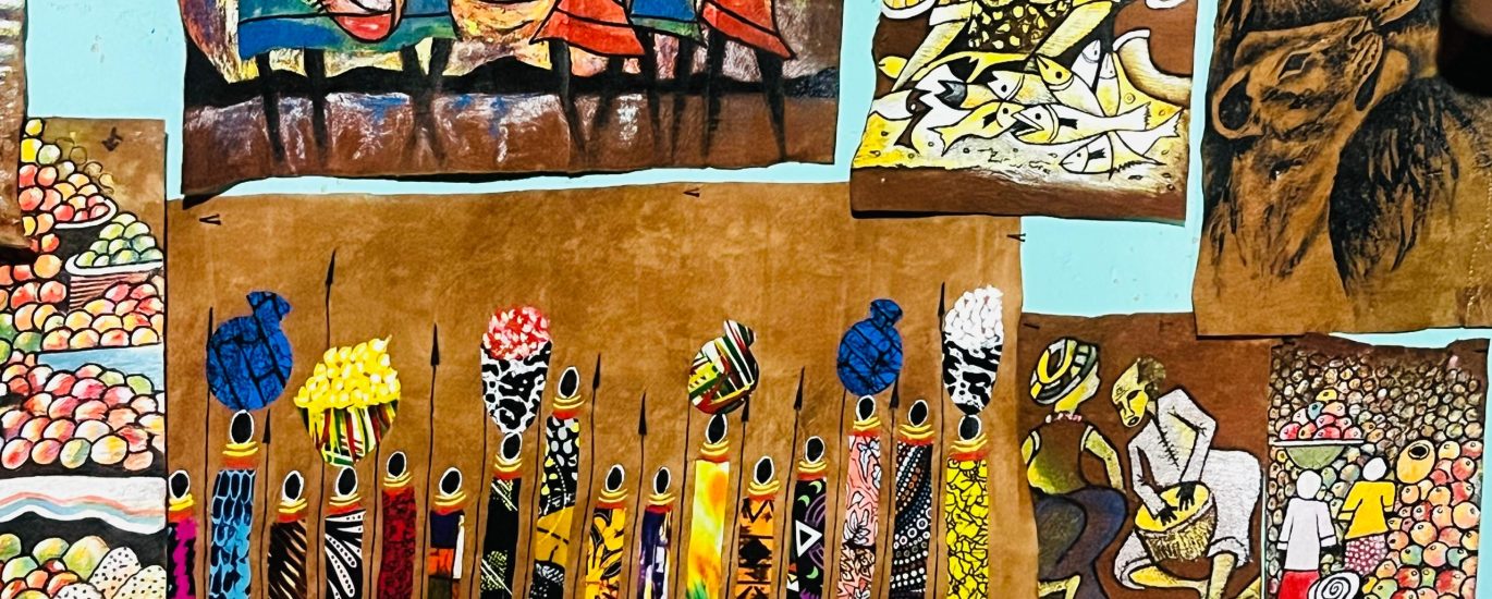 alt=Hand-painted Ugandan barkcloth art depicting traditional Buganda community life, drummers, market scenes, and wildlife at Kasubi Tombs