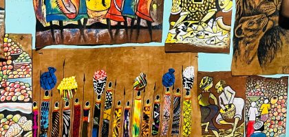alt=Hand-painted Ugandan barkcloth art depicting traditional Buganda community life, drummers, market scenes, and wildlife at Kasubi Tombs