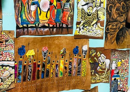 alt=Hand-painted Ugandan barkcloth art depicting traditional Buganda community life, drummers, market scenes, and wildlife at Kasubi Tombs
