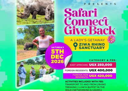 Promotional flyer for EcoQuest Vacations' Ladies-Only Ziwa Rhino Sanctuary Escape on December 5th, featuring rhino tracking, community coffee planting, and relaxation in Uganda.