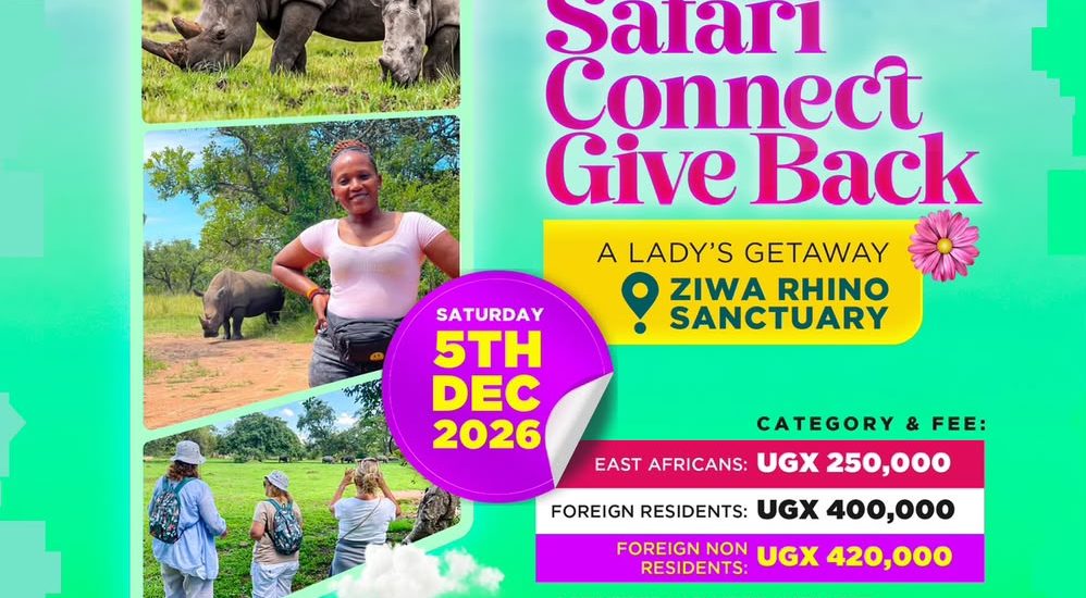 Promotional flyer for EcoQuest Vacations' Ladies-Only Ziwa Rhino Sanctuary Escape on December 5th, featuring rhino tracking, community coffee planting, and relaxation in Uganda.